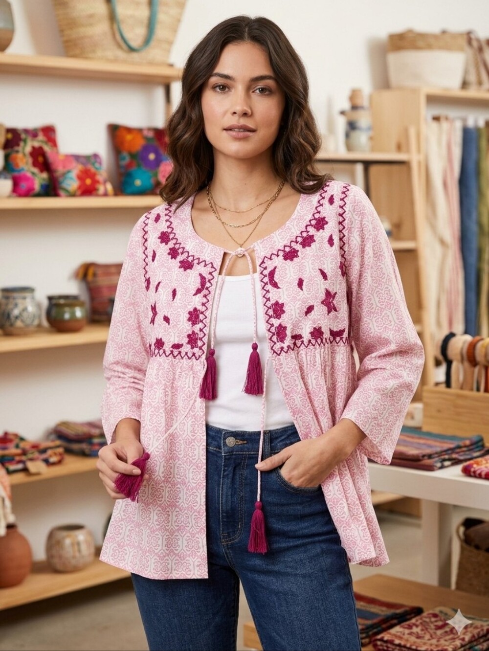 Anthropologie Hazel Pink and White Bohemian Embroidered Blouse